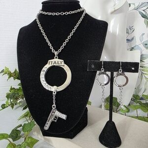 Silver Statement Necklace & Earrings Set Handcuff with Pistol Gun Charm